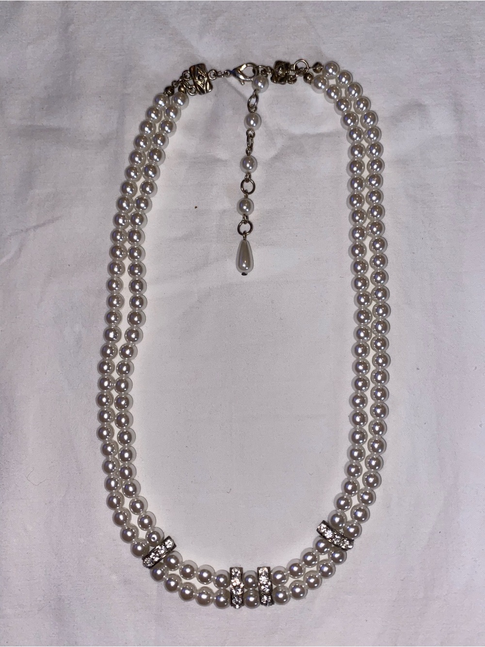 Double Strand Pearl Necklace with Rhinestone Spacers - White
